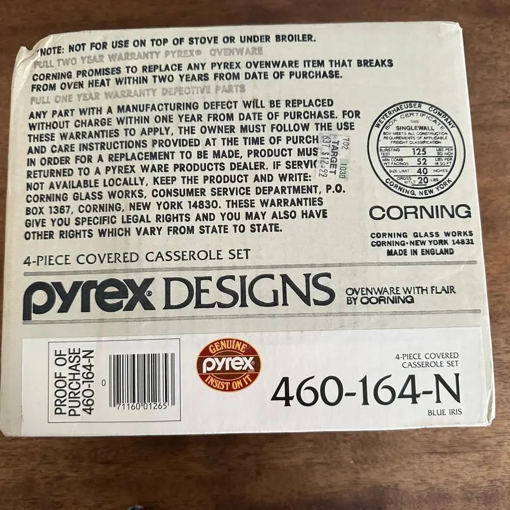 VTG Sealed Pyrex Designs 4 Pc Covered Casserole Set Blue Iris 460-164N England